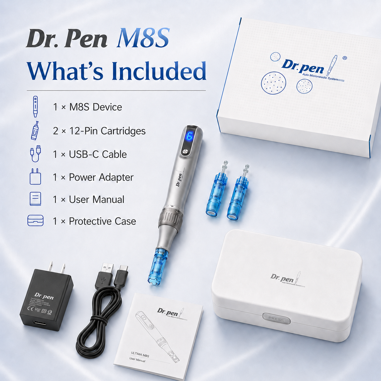M8S kit with device, two 12-pin cartridges, USB-C cable, power adapter, guide and protective case