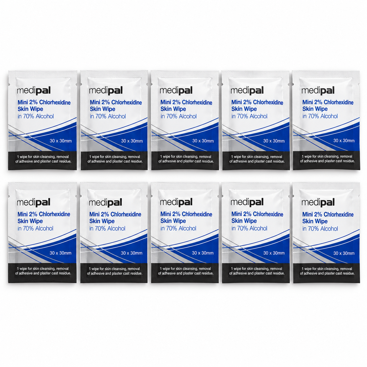 Medipal Mini 2% Chlorhexidine Skin Wipes in 70% alcohol, 10 individual sachets arranged in two rows of five.